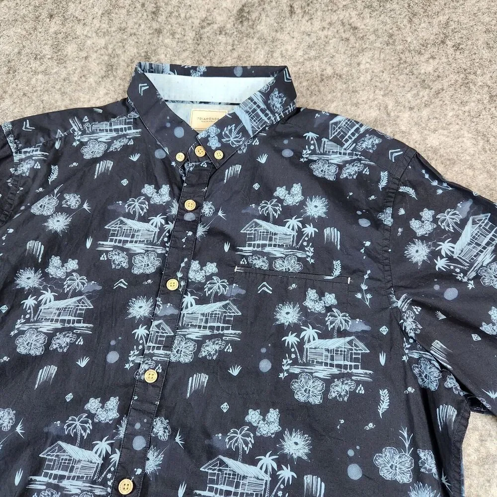 7 Diamonds Shirt Mens XL Blue Lake House Floral All Over Print Palms‎ La Villa